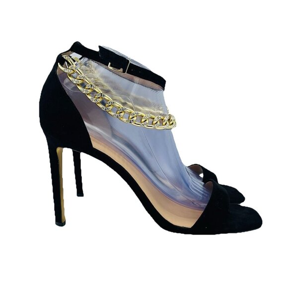 JLO Jennifer Lopez Heels Womens 10 M Black Wandrea Stiletto Ankle Strap Chain - Picture 1 of 11
